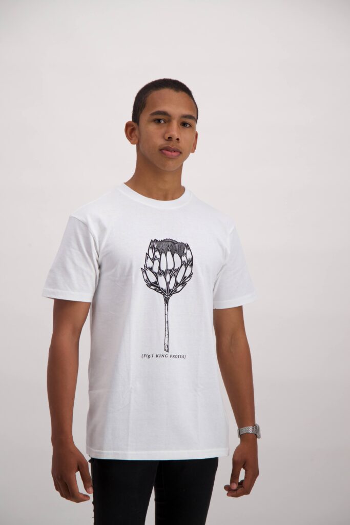 Illustration of a King Protea tshirt worn by male model